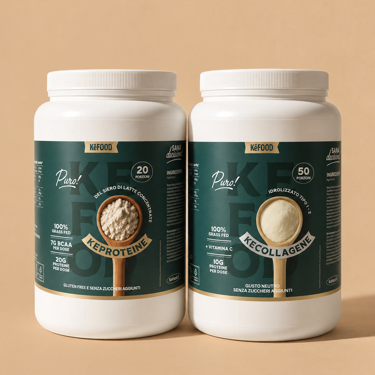 Bundle Keproteine whey grass fed e Kecollagene Kefood, i due barattoli affiancati