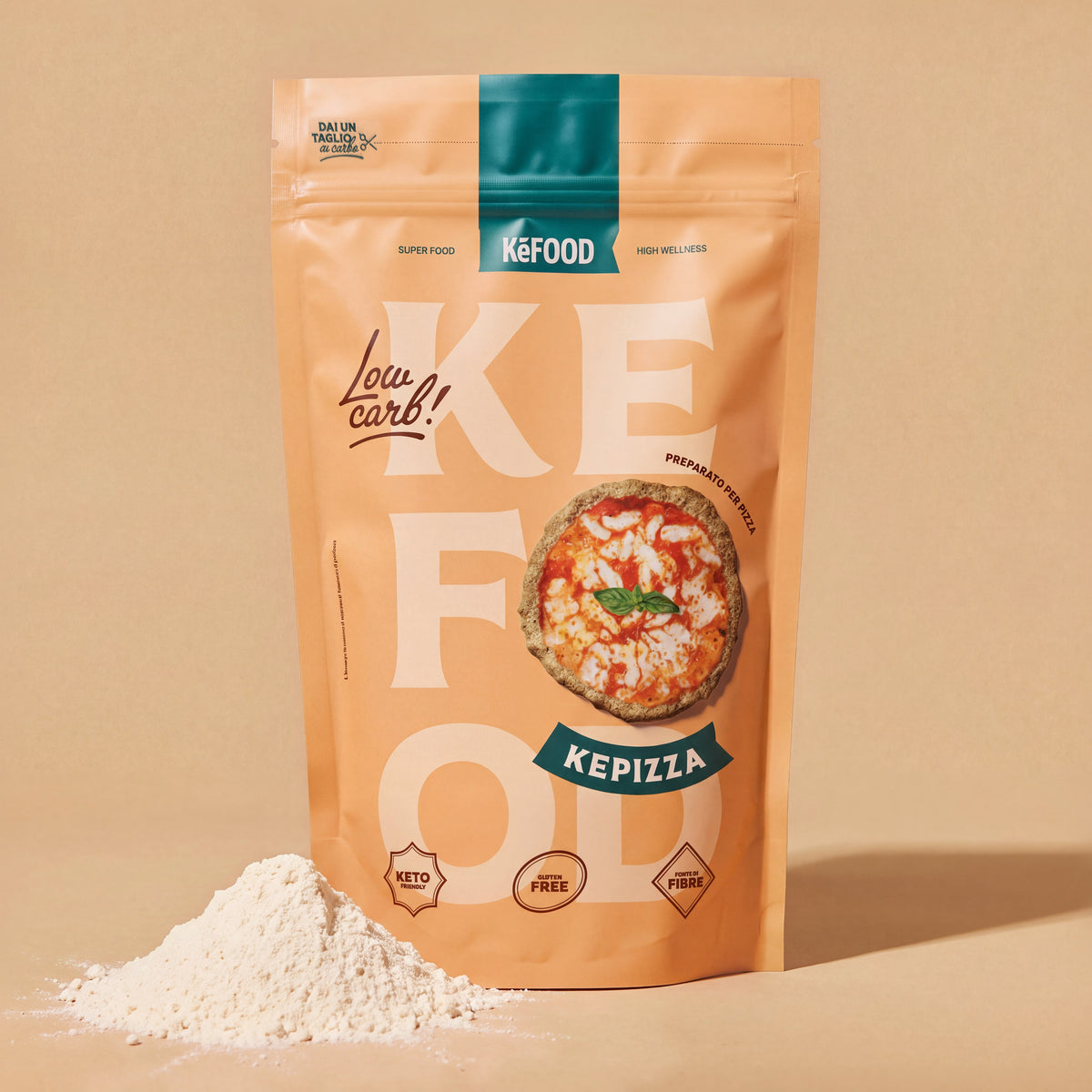 Kepizza Kefood, preparato per pizza low carb senza glutine, busta con la farina del preparato