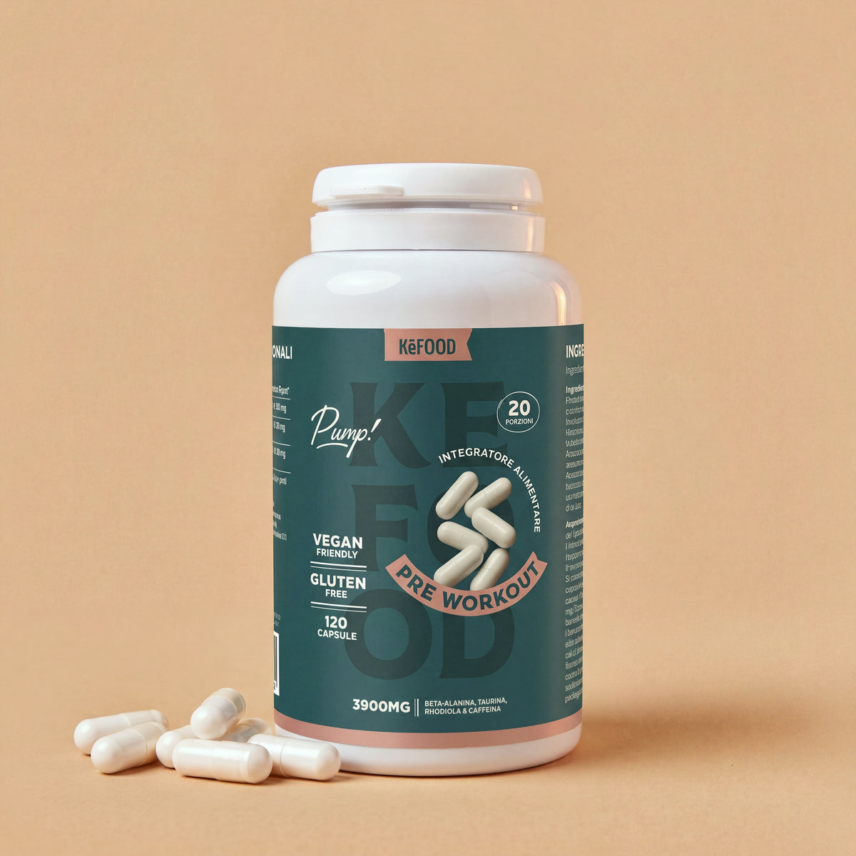 Pre Workout Kefood, barattolo da 120 capsule con beta-alanina, taurina, rhodiola e caffeina, con alcune capsule a lato