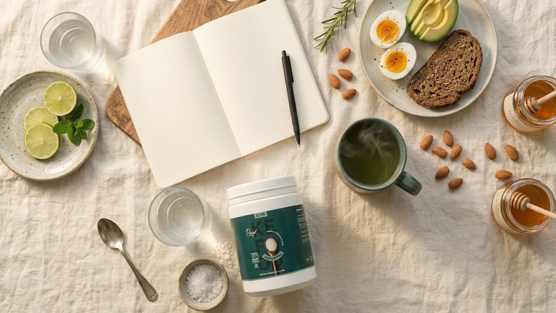 9 regole per dimagrire ricominciare da zero — tavolo con taccuino, tè matcha, uova, avocado e creatina kefood