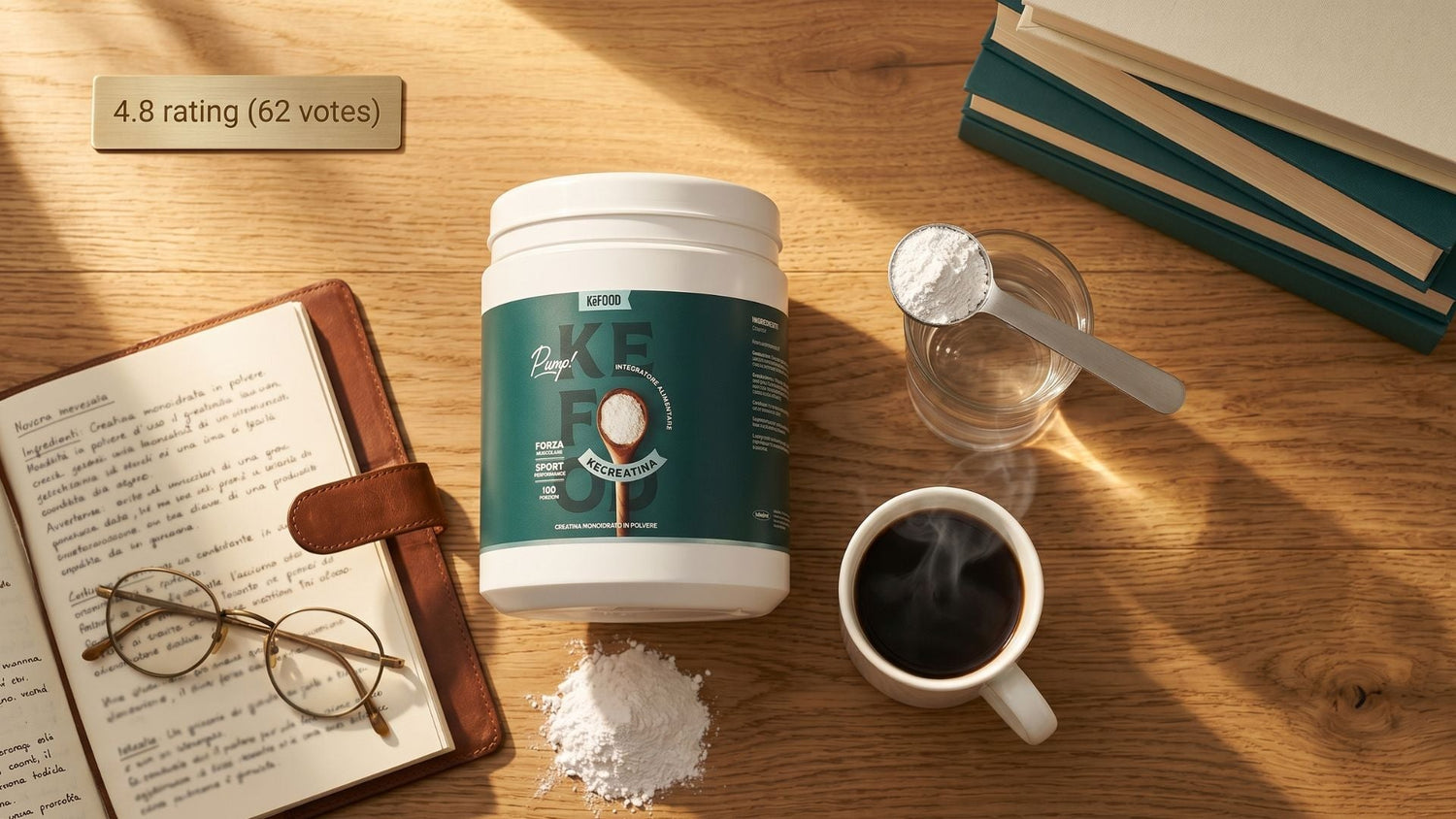 Routine mattutina con creatina monoidrato, caffè nero e notebook: rituale di performance cognitiva vista dall'alto su legno naturale