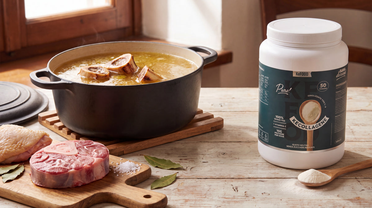 Glicina nel cibo: brodo d'ossa, ossobuco e pollo con la pelle accanto al barattolo di Collagene Grass Fed Kefood