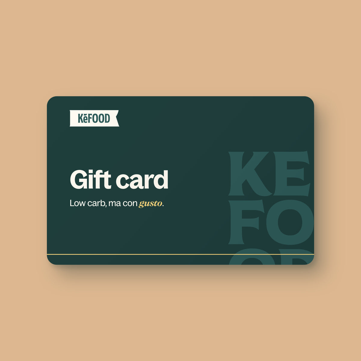 Gift card Kefood, carta in petrolio scuro con il marchio e la scritta Gift card, su fondo sabbia