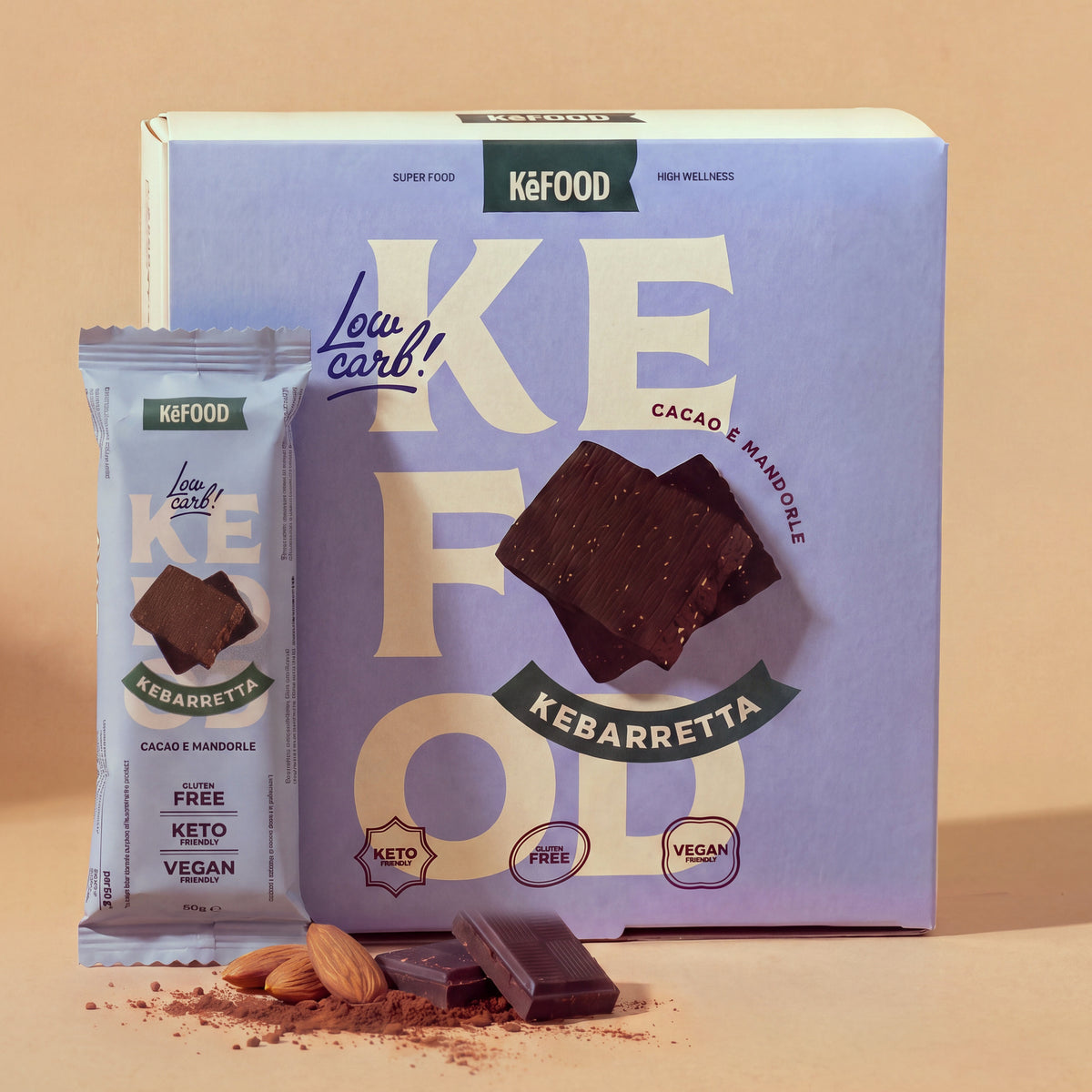 Box da 12 Kebarretta Kefood cacao e mandorle, barretta keto vegana da 50 g