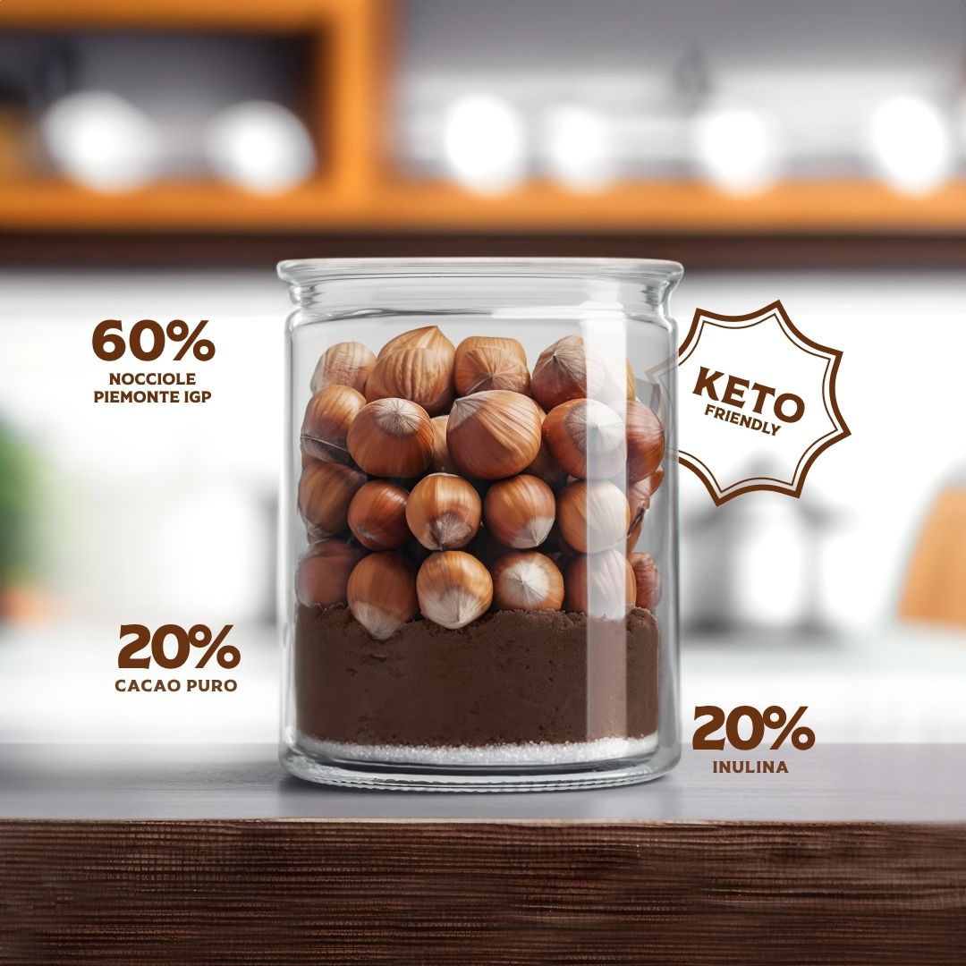 Barattolo trasparente con le proporzioni della ricetta: 60% nocciole Piemonte IGP, 20% cacao, 20% inulina