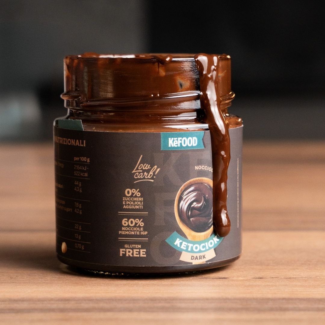 Etichetta di Ketociok Dark: 60% nocciole Piemonte IGP, zero zuccheri e polioli aggiunti
